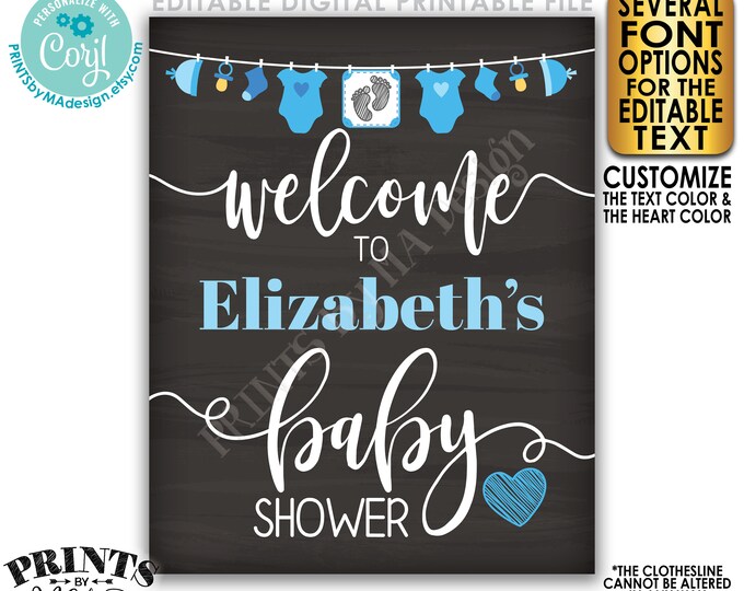 Editable Baby Shower Welcome Sign, It's a Boy, Blue Decor Clothesline, PRINTABLE 8x10/16x20” Chalkboard Style Sign <Edit Yourself w/Corjl>