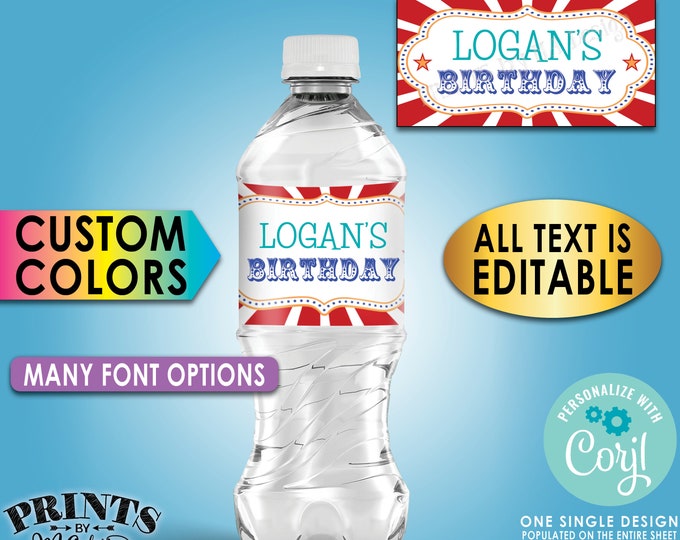 Carnival Water Bottle Labels, Circus Theme Birthday, Custom DIY PRINTABLE Water Bottle Labels on 8.5x11" Sheet <Edit Yourself with Corjl>