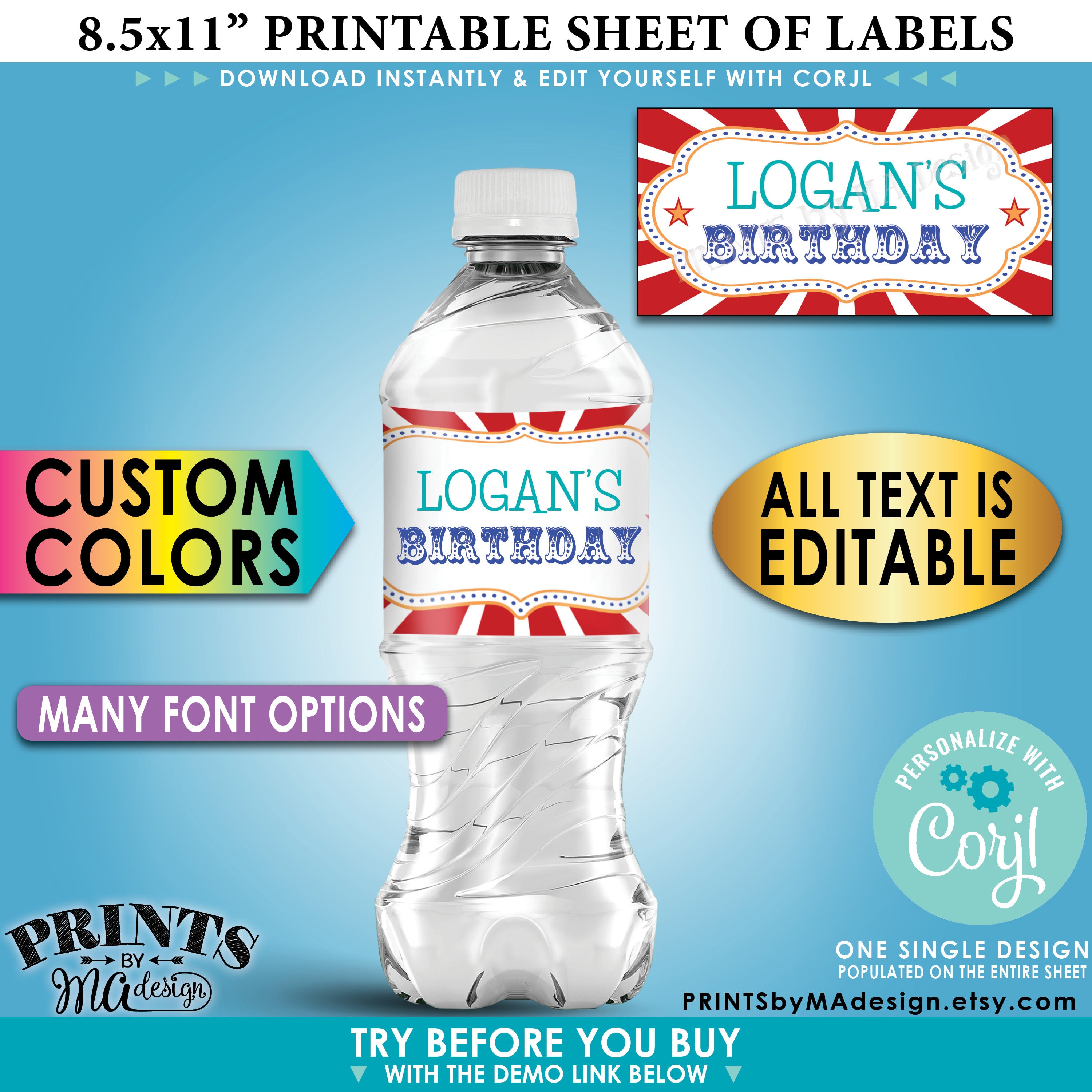 carnival water bottle labels circus theme birthday custom diy