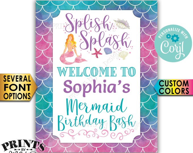 Mermaid Birthday Party Welcome Sign, Splish Splash Welcome to the Bday Bash, PRINTABLE 8x10/16x20” Sign <Edit Yourself with Corjl>