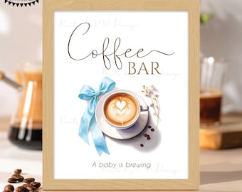 Baby Shower Coffee Bar Sign, A Baby is Brewing, Baby Boy Blue Ribbon Bow, Elegant Watercolor Style Display, PRINTABLE 8x10/16x20” Sign <ID>