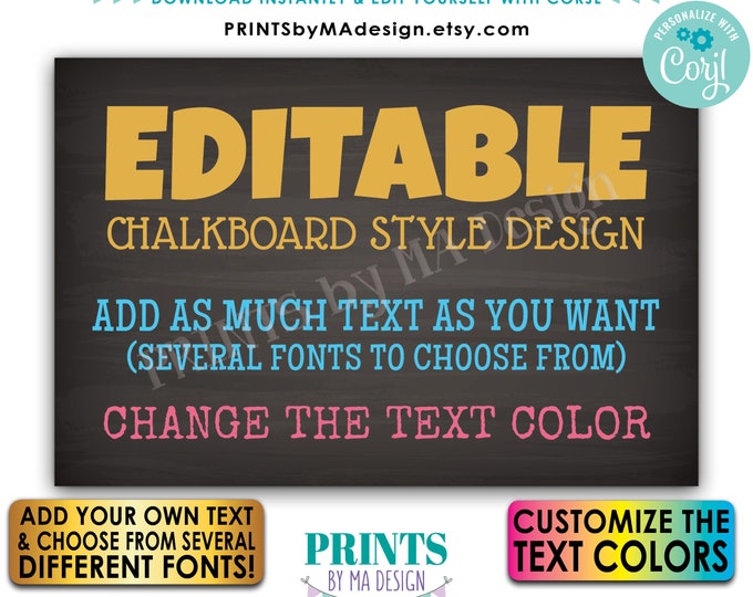 Editable Chalkboard Style Card/Sign, Choose Your Text & Text Colors, One Custom PRINTABLE 4x6” Landscape Sign <Edit Yourself with Corjl>