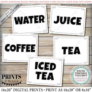 Puede incluir: Cinco carteles imprimibles con texto negro sobre fondo blanco. Los carteles dicen "Agua", "Jugo", "Café", "Té" y "Té helado".