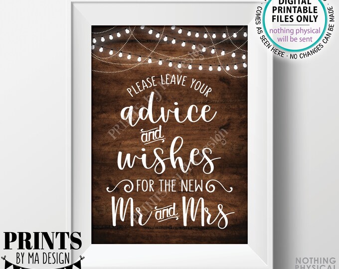 Wedding Advice and Well Wishes, Leave your Advice and Well Wishes for the New Mr & Mrs, Lights, PRINTABLE 5x7” Rustic Wood Style Sign <ID>