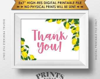 Lemon Thank You Sign or Card, Lemon Themed Celebration, Tuscan Garden Party, Tropical Summer Pink Lemonade, 5x7” Printable Instant Download