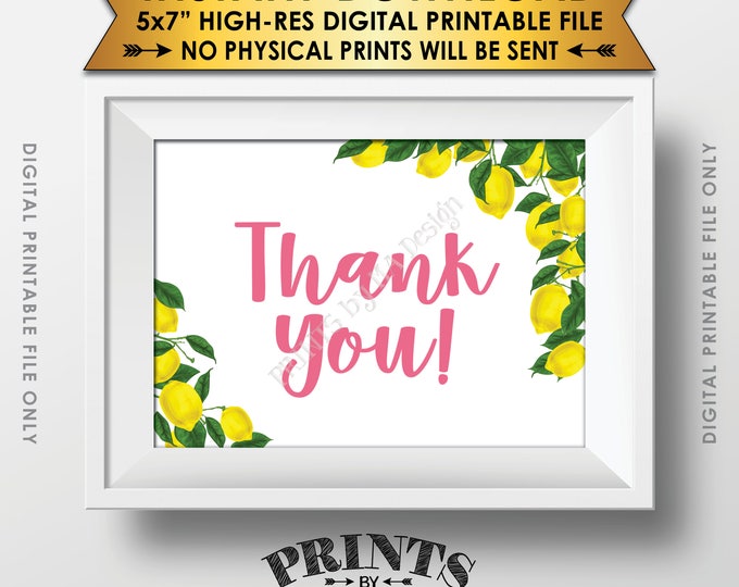 Lemon Thank You Sign or Card, Lemon Themed Celebration, Tuscan Garden Party, Tropical Summer Pink Lemonade, 5x7” Printable Instant Download