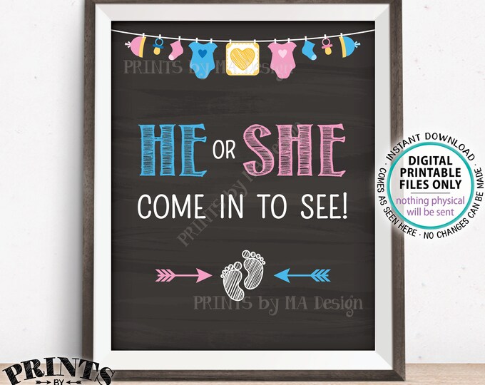 Gender Reveal Sign, He or She Come In to See Gender Reveal Party Sign, Pink or Blue, PRINTABLE 8x10/16x20” Chalkboard Style Sign <ID>