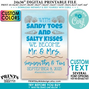 May include: A digital printable wedding sign with a beach theme. The sign is blue and tan with seashells and the text "With Sandy Toes and Salty Kisses We Become Mr. & Mrs. Samantha & Tim September 8, 2025 #SamanthaLovesTim".