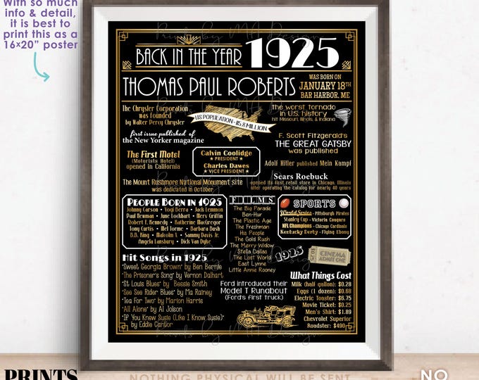 Back in 1925 Poster Board, Flashback to 1925 Sign, Birthday, Company Anniversary, Custom PRINTABLE 16x20” Art Deco Style Party Decoration