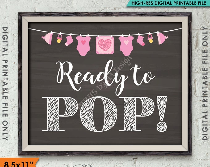 Ready to Pop Baby Shower Sign, Popcorn, Cake Pop, Baby Shower Decor, Pink Clothesline, Instant Download 8.5x11” Chalkboard Style Printable