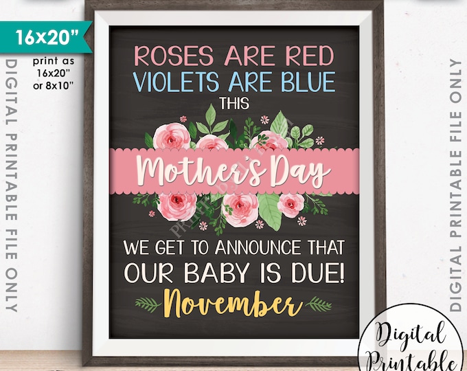 Mother's Day Pregnancy Announcement Sign, New Mom-to-Be, Our Baby is Due in NOVEMBER Dated Chalkboard Style PRINTABLE Baby Reveal Sign <ID>