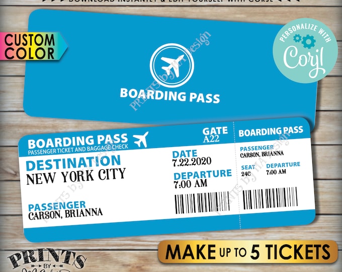 Airline Ticket Boarding Passes, Surprise Vacation Announcement, Up to 5 Custom Tickets, 8.5x11" PRINTABLE files <Edit Yourself with Corjl>