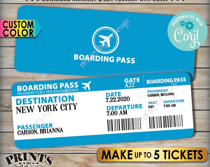 Airline Ticket Boarding Passes, Surprise Vacation Announcement, Up to 5 Custom Tickets, 8.5x11" PRINTABLE files <Edit Yourself with Corjl>