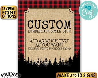 Custom Lumberjack Signs, Choose Your Text, Ten PRINTABLE 8x10/16x20” Portrait Signs, Red Checker Plaid, Trees <Edit Yourself with Corjl>