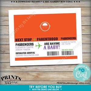 Puede incluir: Anuncio de baby shower en un billete de avi&oacute;n naranja y verde. El texto dice "Pr&oacute;xima parada Paternidad" y "Los pasajeros Elizabeth Martin y Joseph Martin est&aacute;n teniendo un beb&eacute;! Llegada estimada alrededor de Halloween 2026."