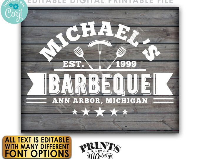 Editable BBQ Sign, Backyard Barbecue, Barbie Grill Smokehouse, PRINTABLE 8x10/16x20” Gray Rustic Wood Style Sign <Edit Yourself w/Corjl>