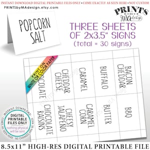 Popcorn Bar Labels, Popcorn Toppings, Sweet & Savory, 30 Cards on PRINTABLE 8.5x11” Sheets (black text) <ID>