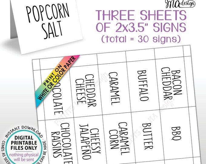 Popcorn Bar Labels, Popcorn Toppings, Sweet & Savory, 30 Cards on PRINTABLE 8.5x11” Sheets (black text) <ID>