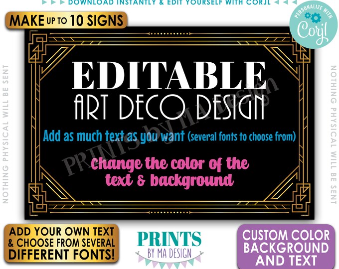 Editable Art Deco Signs, Roaring Twenties Great Gatsby Party, Ten Custom PRINTABLE 24x36” Signs, Choose Your Text <Edit Yourself w/Corjl>