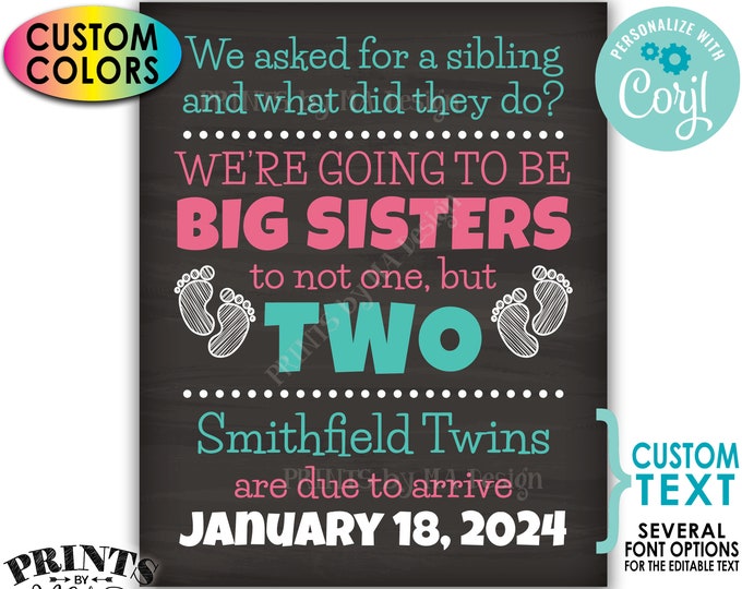 Twins Pregnancy Announcement Sign, Promoted to Big Sisters to Twins, PRINTABLE 8x10/16x20” Chalkboard Style Sign <Edit Yourself with Corjl>