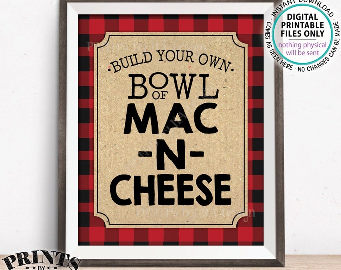 Mac-N-Cheese Sign, Build Your Own Bowl of Macaroni and Cheese Lumberjack Style Sign, Red Checker Buffalo Plaid, PRINTABLE 8x10" Pasta Sign