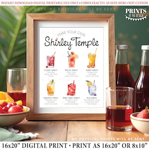 May include: A framed digital print featuring a guide to making Shirley Temple cocktails. The print includes illustrations of six different Shirley Temple variations, with their ingredients listed below each image. The text at the top reads "Make Your Own Shirley Temple."