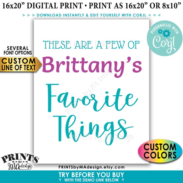 Favorite Things Sign, Custom Name and Colors, DIY PRINTABLE 8x10/16x20” Sign <Edit Yourself with Corjl>