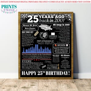 25th Birthday Poster Board, Black & Silver Born in the Year 2001 Flashback 25 years Ago B-day Gift, PRINTABLE 16x20” Back in 2001 Sign <ID> image 2