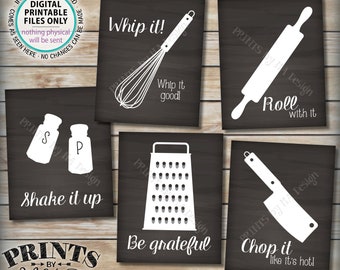 Funny Kitchen Signs, Utensil Art Kitchen Decor, Whip It, Grateful, Roll, Chop, Shake, Five PRINTABLE 8x10/16x20" Chalkboard Style Signs <ID>