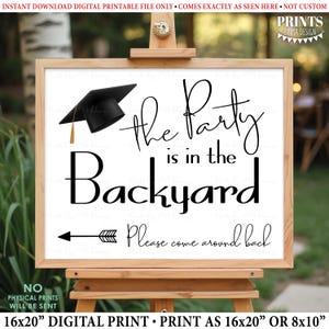 May include: A graduation party sign on an easel. The sign reads "The Party is in the Backyard" in black script and block letters. A graduation cap graphic is in the upper left corner. The sign is a 16x20 inch digital print.