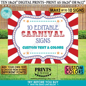 Puede incluir: Diez carteles de carnaval imprimibles de 18x24 pulgadas con colores rojo, blanco y azul. Los carteles son personalizables con texto y colores. El texto en los carteles dice "10 Carteles de carnaval editables Texto y colores personalizados".