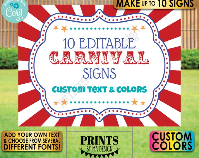 Editable Carnival Signs, Circus Theme Birthday Party, Make Up to 10 Custom PRINTABLE 18x24” Landscape Signs <Edit Yourself w/Corjl>