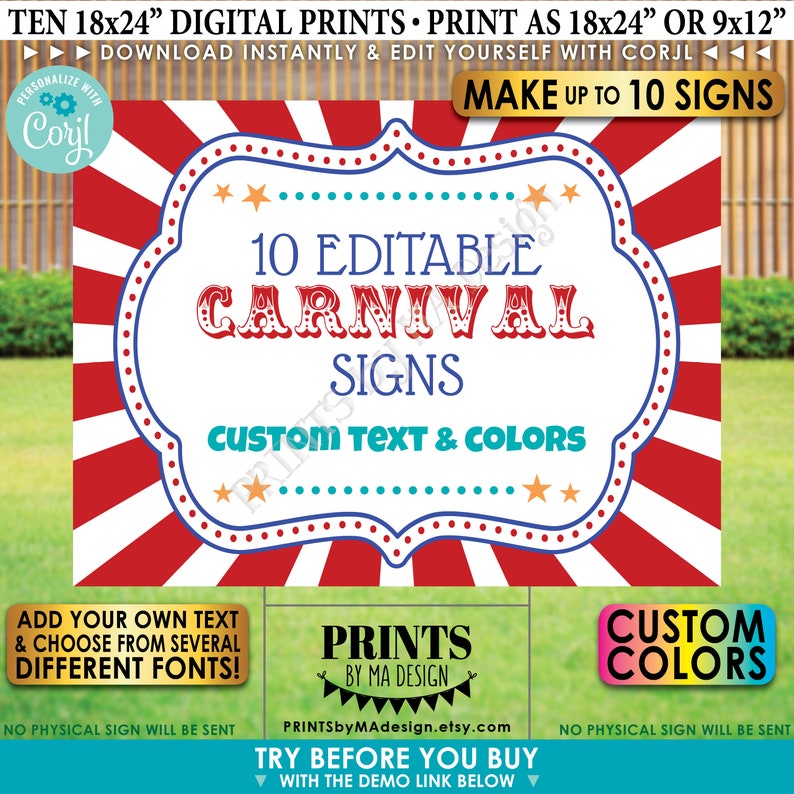 Puede incluir: Diez carteles de carnaval imprimibles de 18x24 pulgadas con colores rojo, blanco y azul. Los carteles son personalizables con texto y colores. El texto en los carteles dice "10 Carteles de carnaval editables Texto y colores personalizados".