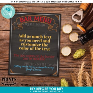 May include: Editable bar menu template with a chalkboard background. The text reads "Bar Menu" in red and "PRINTS by MA Design" in white. The text "Add as much text as you need and customize the color of the text" is in yellow. The text "The two colors of the border can be modified" is in white. The text "PRINTS by MA Design" is in white. The text "Editing works best on a computer using Google Chrome" is in white. The text "PRINTS by MA Design" is in white. The text "PRINTSbyMAdesign.etsy.com" is in white. The text "TRY BEFORE YOU BUY" is in blue. The text "WITH THE DEMO LINK BELOW" is in blue.