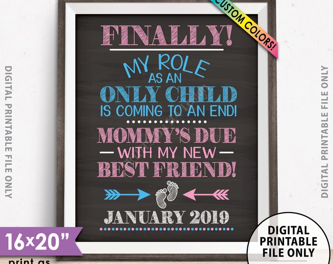 Baby #2 Pregnancy Announcement Finally My Role as an Only Child is Coming to an End Pregnancy Reveal, Chalkboard Style PRINTABLE 8x10/16x20”