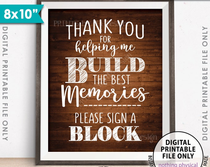 Sign a Block Sign, Thank You for Helping Me Build Memories, Graduation Party, Retirement, 8x10” Rustic Wood Style Printable Instant Download