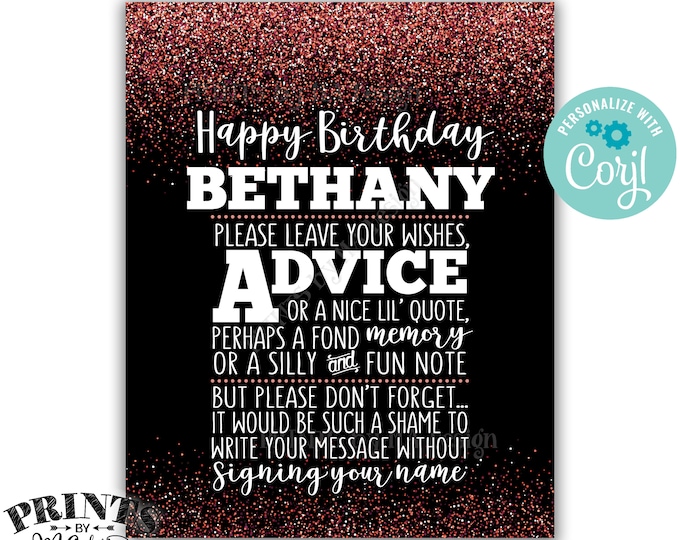 Please Leave Your Advice Wish Memory Message, Birthday Party PRINTABLE 8x10” Black & Rose Gold Glitter B-day Sign <Edit Yourself with Corjl>