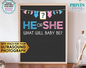 Gender Reveal Sign, He or She What Will Baby Be Gender Reveal Party, Pink or Blue, Boy or Girl, PRINTABLE 8x10" Sign, Gray <ID>
