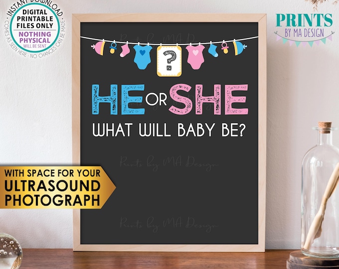 Gender Reveal Sign, He or She What Will Baby Be Gender Reveal Party, Pink or Blue, Boy or Girl, PRINTABLE 8x10" Sign, Gray <ID>