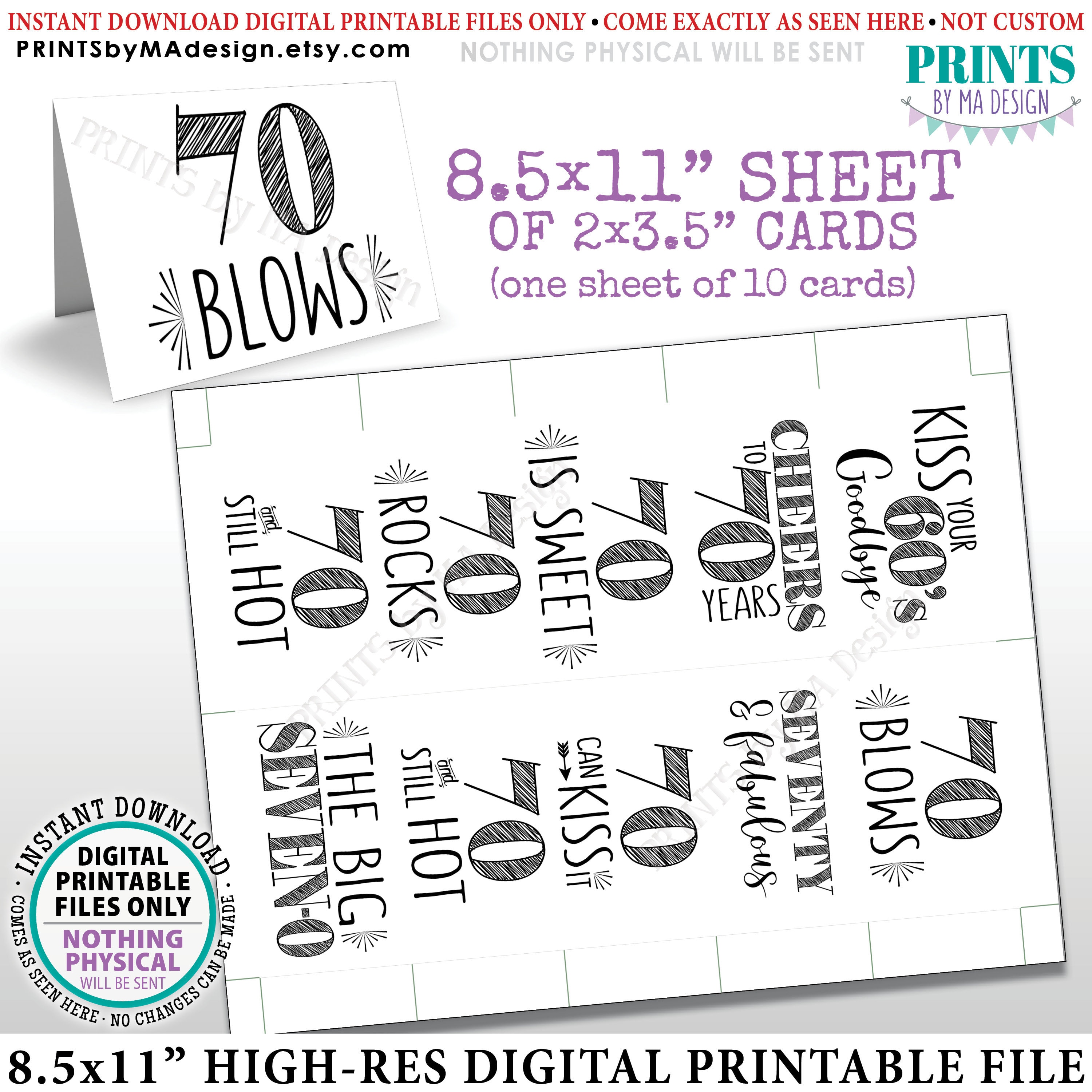 70th Birthday Party Candy Signs, Cheers to 70 Candy Bar, 70 Sucks Blows  Rocks Sweet, Kiss 60s Goodbye, PRINTABLE 8.5x11” Sheet of Cards