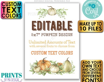 Editable Pumpkin Signs/Cards, Choose Your Text, Create 10 Custom Fall Watercolor Style PRINTABLE 5x7” Portrait Signs <Edit Yourself w/Corjl>