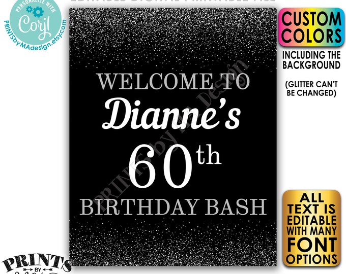 Editable Birthday Bash Sign, Welcome to the Birthday Party Decoration, PRINTABLE 8x10/16x20” Silver Glitter Sign <Edit Yourself w/Corjl>