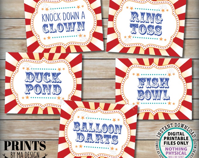 Carnival Games Bundle Pack, Knock Down a Clown, Ring Toss, Duck Pond, Fish Bowl, Balloon Darts, Five PRINTABLE 8x10/16x20” Signs <ID>