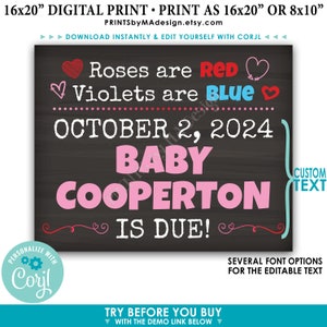 Valentinstag-Schwangerschaftsankündigung, Rosen sind rot, Veilchen sind blau, Baby Due, Custom PRINTABLE 8x10/16x20 Zoll Zeichen <Bearbeiten Sie sich mit Corjl>