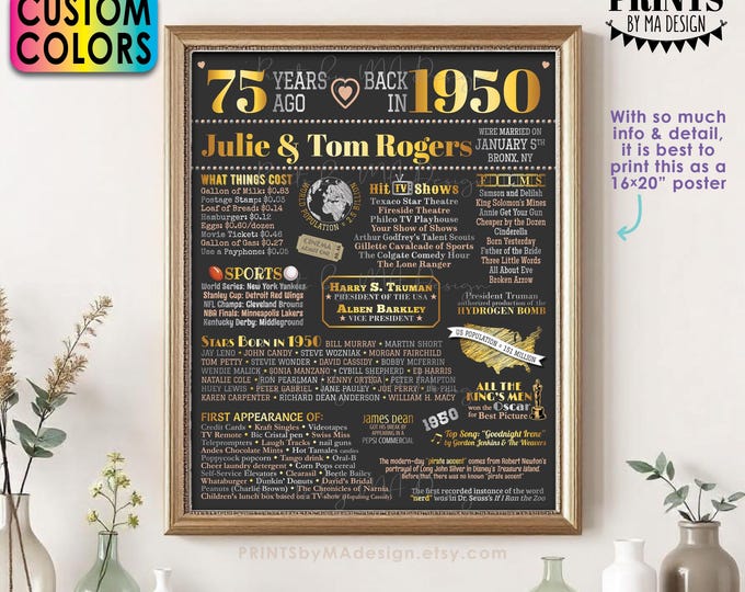 75th Anniversary Poster Board, Back in 1950 Flashback 75 Years, Married in 1950 Anniversary Gift, Custom PRINTABLE 16x20” 1950 Sign