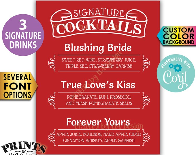 Signature Cocktails Sign, 3 Signature Drinks Sign, Custom Color Background, PRINTABLE 8x10/16x20” Sign <Edit Yourself w/Corjl>