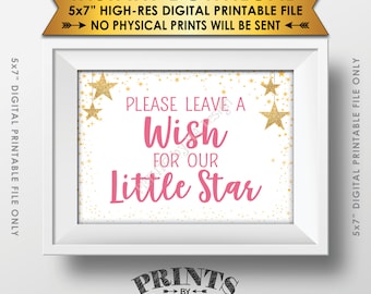 Well Wishes for Baby Shower Sign, Share a Wish Pink Text Baby Shower Decor Gold Glitter Twinkle Stars, Instant Download 5x7” Printable Sign