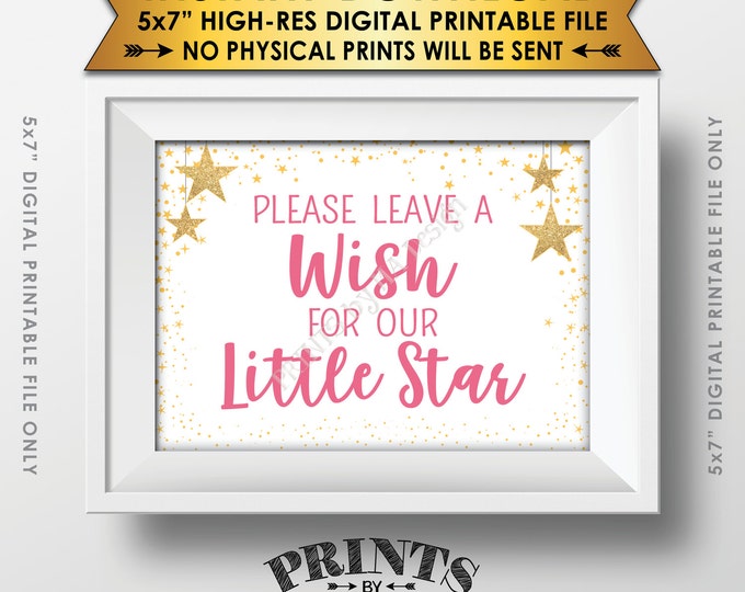 Well Wishes for Baby Shower Sign, Share a Wish Pink Text Baby Shower Decor Gold Glitter Twinkle Stars, Instant Download 5x7” Printable Sign