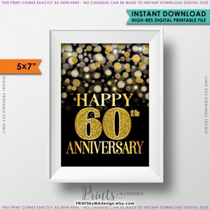 60 周年記念カード、60 周年ゴールデン ボケ、60 周年記念カード、ブラック & ゴールド グリッター 印刷可能な 5x7 インチ カード/サイン <ID>
