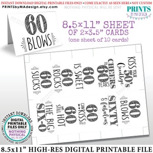 60th Birthday Party Candy Signs, Cheers to 60 Candy Bar, 60 Sucks Blows Rocks Sweet, Kiss 50s Goodbye, PRINTABLE 8.5x11” Sheet of Cards &lt;ID&gt;